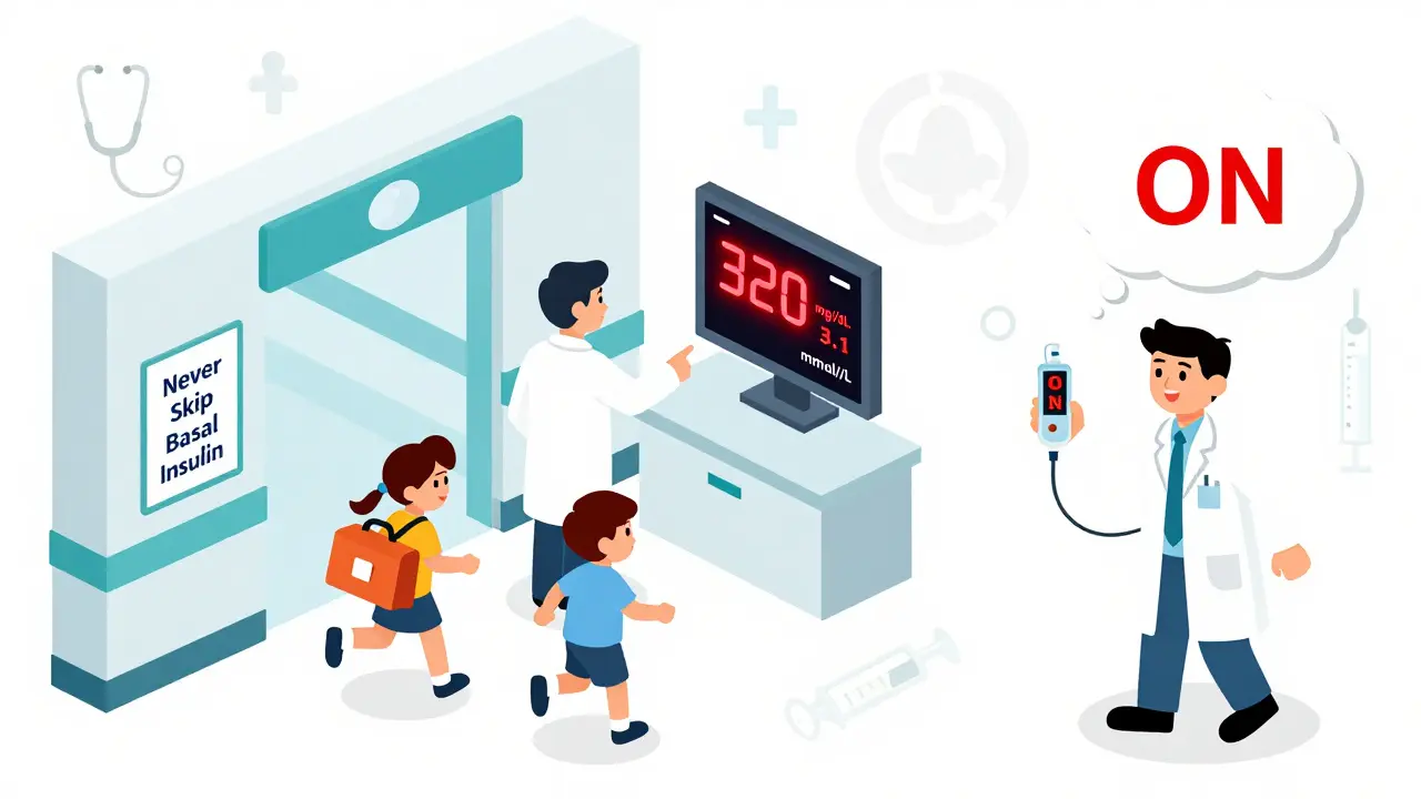 Family rushing to ER with sick day kit as doctor shows dangerous blood sugar and ketone levels on monitor.