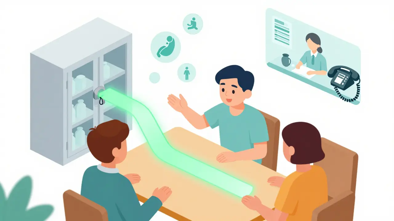 Family supporting a loved one with recovery path leading from locked cabinet to therapy.