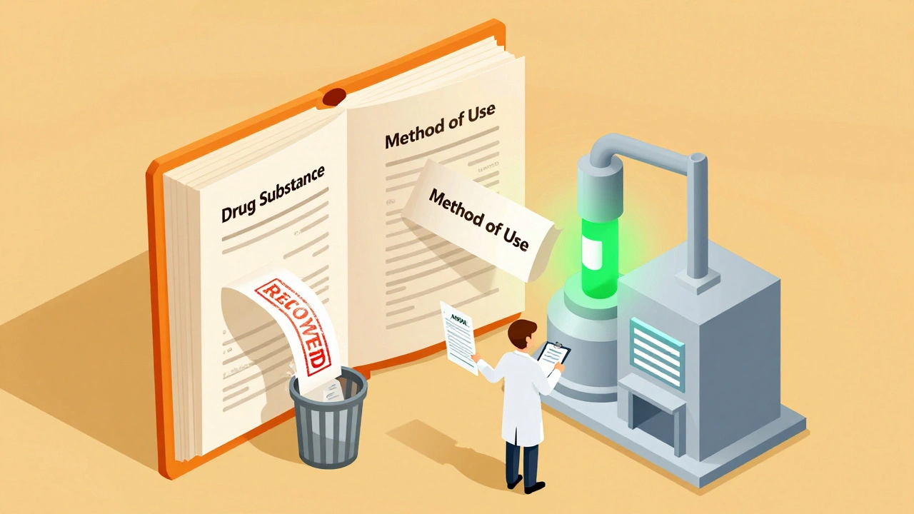 Giant Orange Book gate allowing valid patents to pass while rejecting others, with generic drug factory in background.