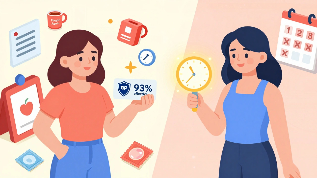 Isometric comparison of pill user vs. IUD user with effectiveness indicators and lifestyle details.