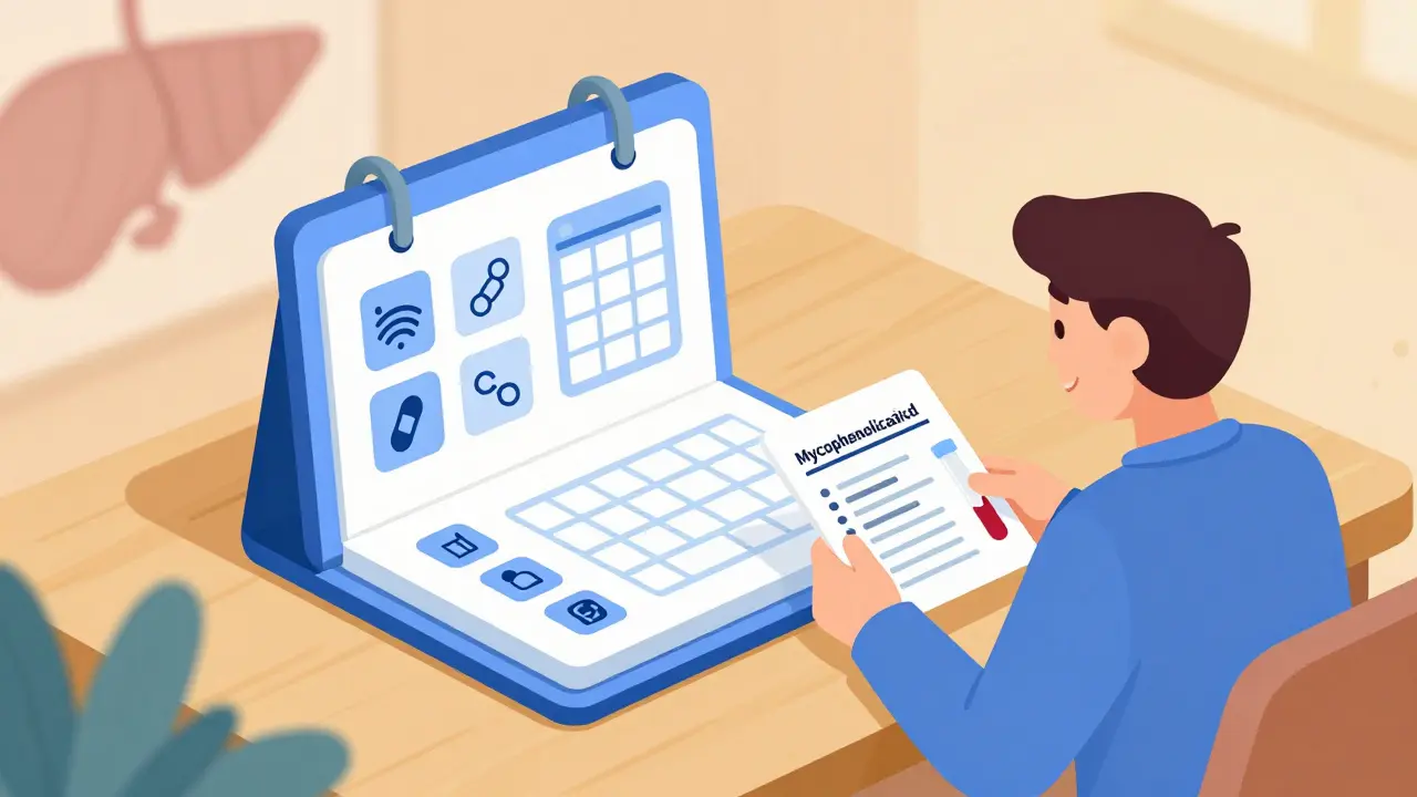 Isometric illustration of a symptom diary tracking improvement in GI side effects over time with medical icons.