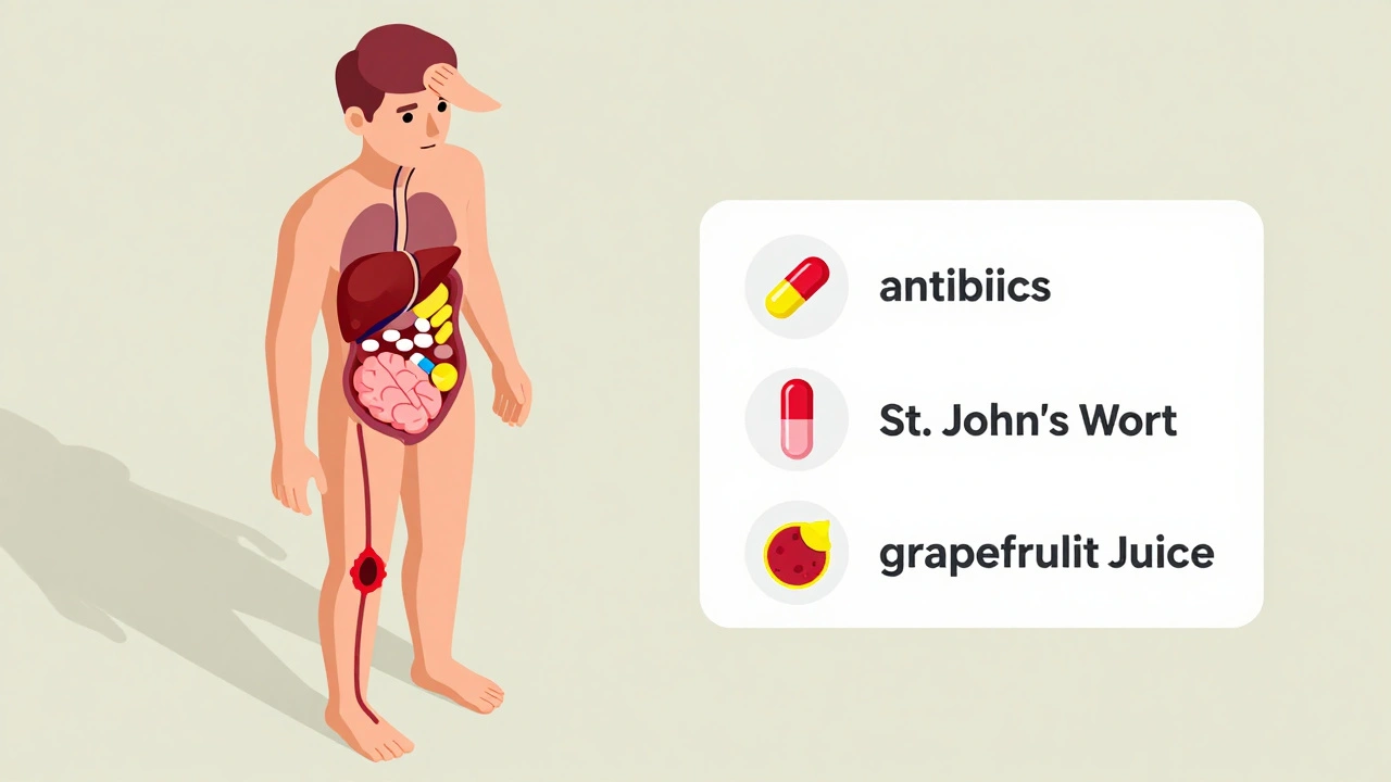 Isometric view of a body with internal risks from birth control pills and interfering substances.