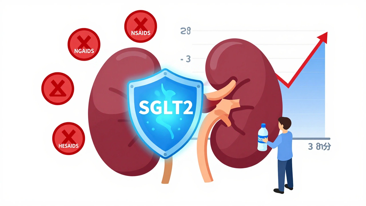 Kidney protected by SGLT2 inhibitor shield, with eGFR dip followed by rebound, illustrating drug mechanism.