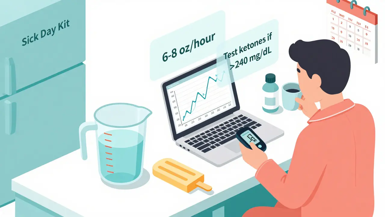 Kitchen counter with measuring cup, insulin, and CGM graph showing high blood sugar during sickness.