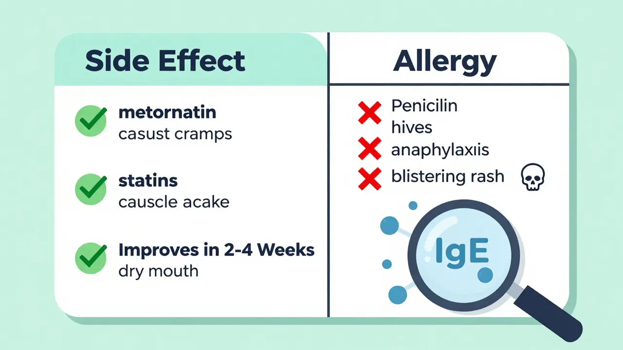 Medical chart in isometric style showing side effects improving versus allergic reactions with warning symbols and antibody attacks.