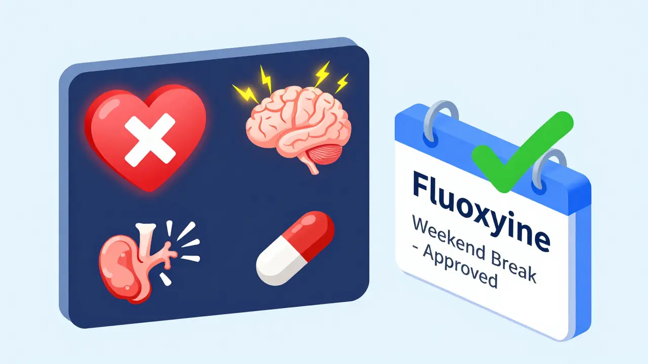 Medical dashboard showing dangerous medications to never stop suddenly versus a safely managed SSRI weekend break.