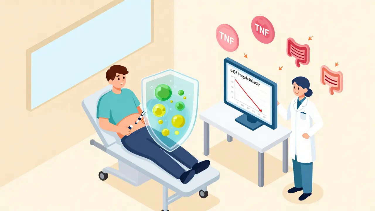 Patient giving self-injection with immune cells blocked by shield, nurse nearby