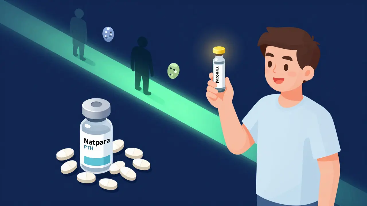 Patient transitioning from many pills to a single long-acting injection, with past complications fading away.