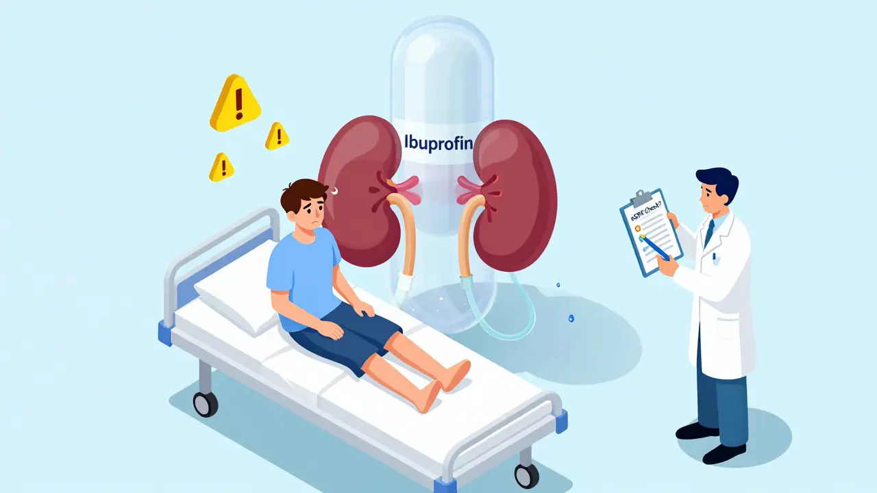 Patient under threat from a giant ibuprofen pill blocking blood flow to their kidneys.