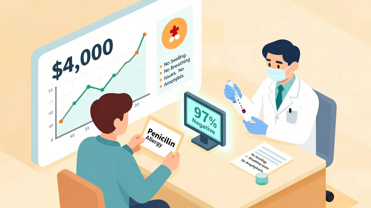 Patient with mislabeled penicillin allergy undergoing allergy testing that reveals negative results and cost savings.