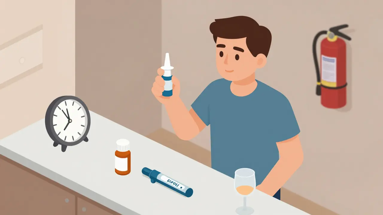 Person holding naloxone next to EpiPen on kitchen counter with medications and wine glass nearby.