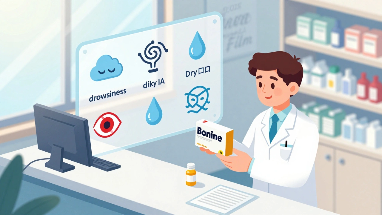 Pharmacist giving Bonine and ginger to a traveler, with side effect icons and new 2025 medication on display.