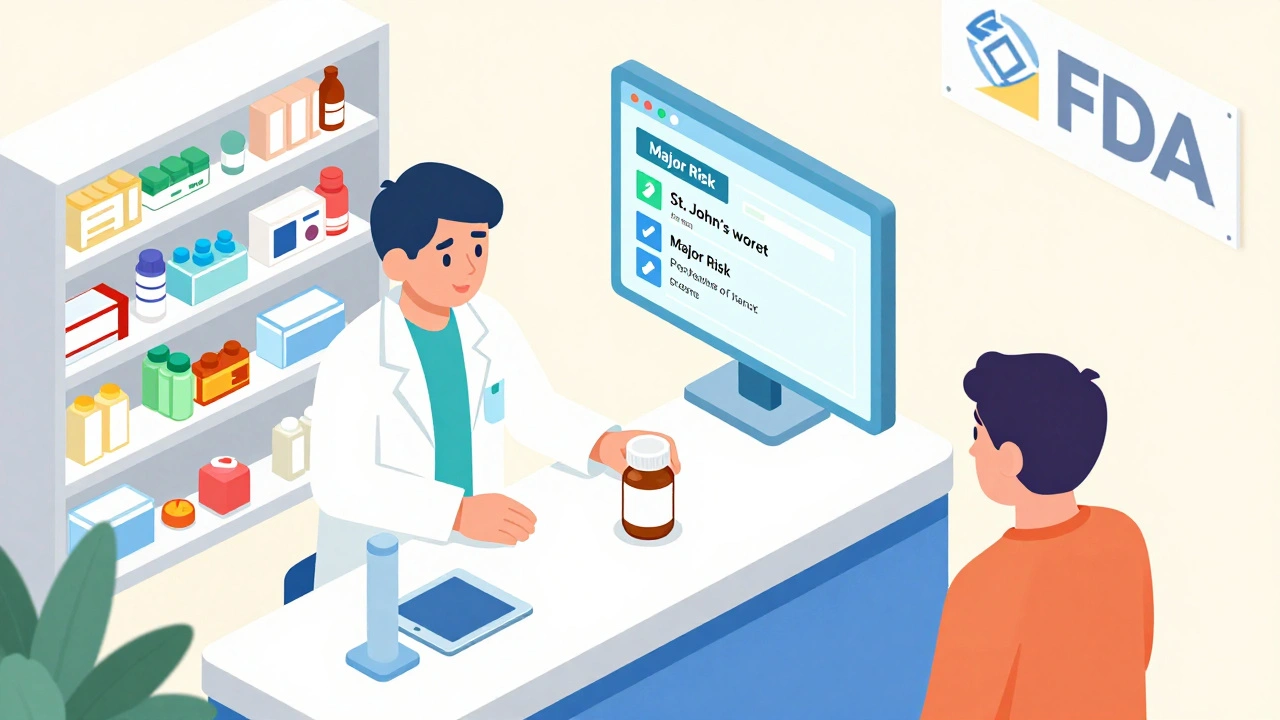 Pharmacist scanning a pill with a tablet displaying a major drug interaction warning.