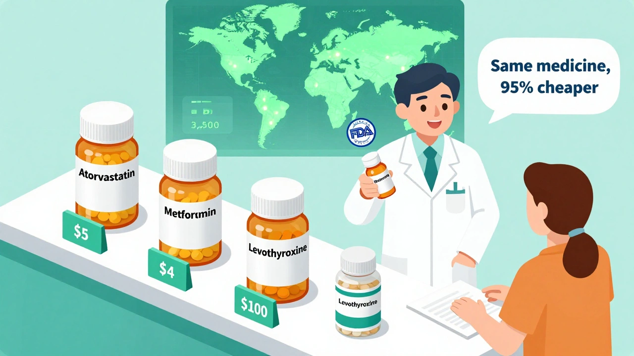 Pharmacy counter showing generic pills with low prices next to expensive brand-name bottle, pharmacist handing out medication with FDA badge.