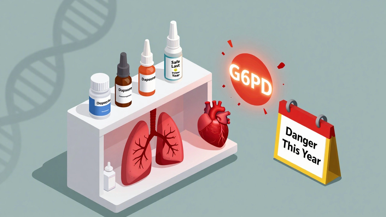 Pharmacy shelf casting red shadows over organs, with G6PD enzyme breaking apart beside warning drugs.
