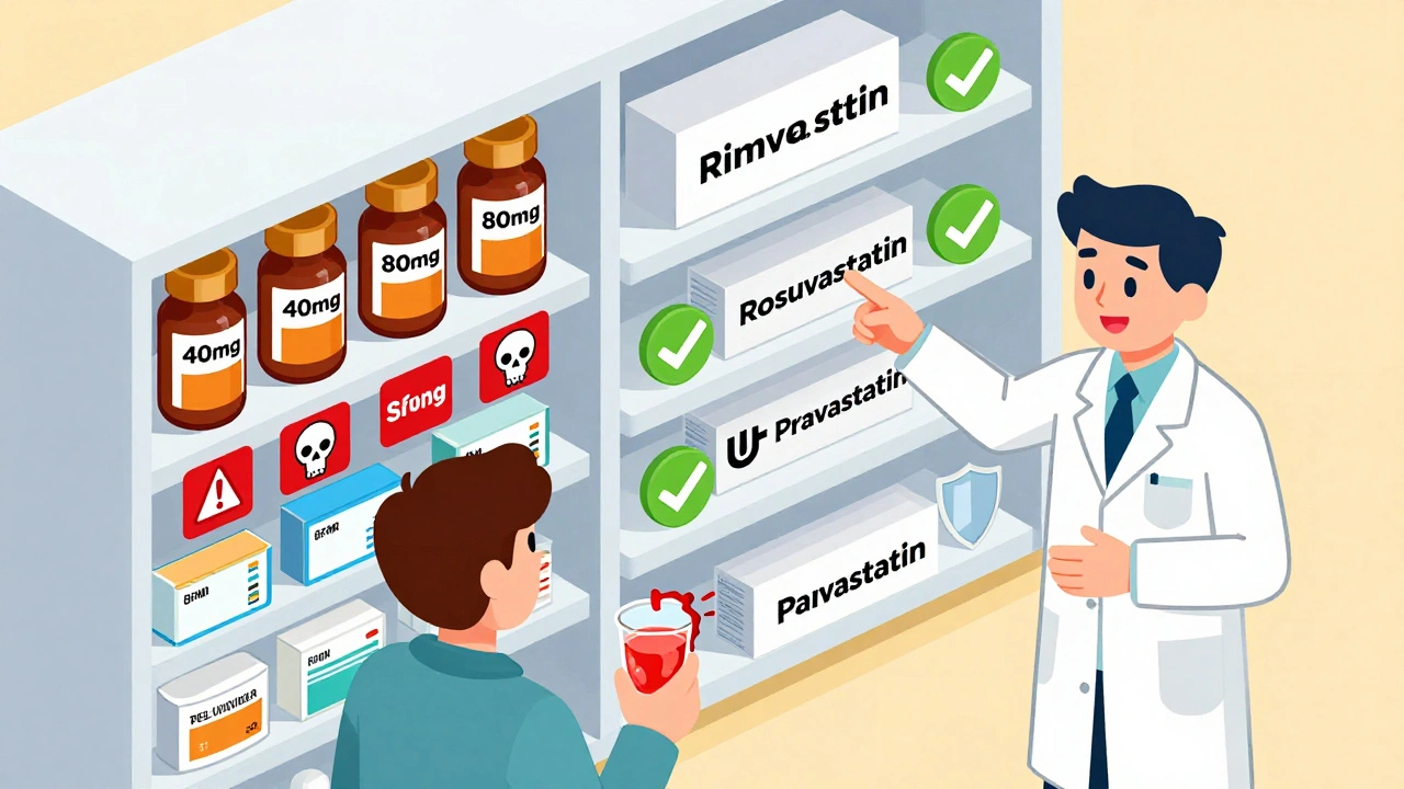 Pharmacy shelf comparison showing dangerous simvastatin bottles versus safer statin alternatives with pharmacist guidance.