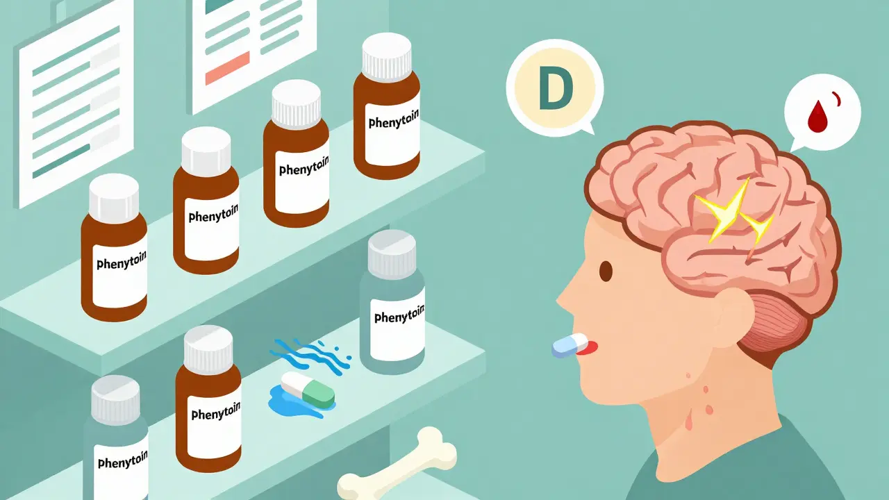 Pharmacy shelf with multiple generic phenytoin brands affecting a patient's brain with erratic seizures vs. calm waves.