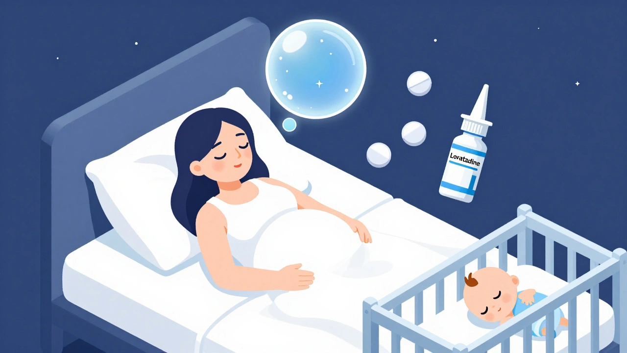 Pregnant woman sleeping peacefully with safe medications floating nearby