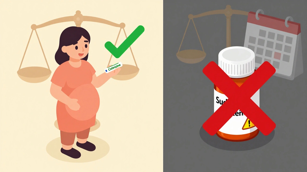 Safe vs. unsafe allergy meds during pregnancy shown with checkmarks and warnings