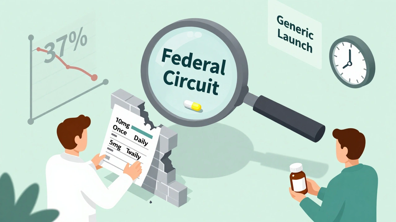 Scientists with dosing charts under a magnifying glass, as patent filings decline and a patient holds affordable medicine.