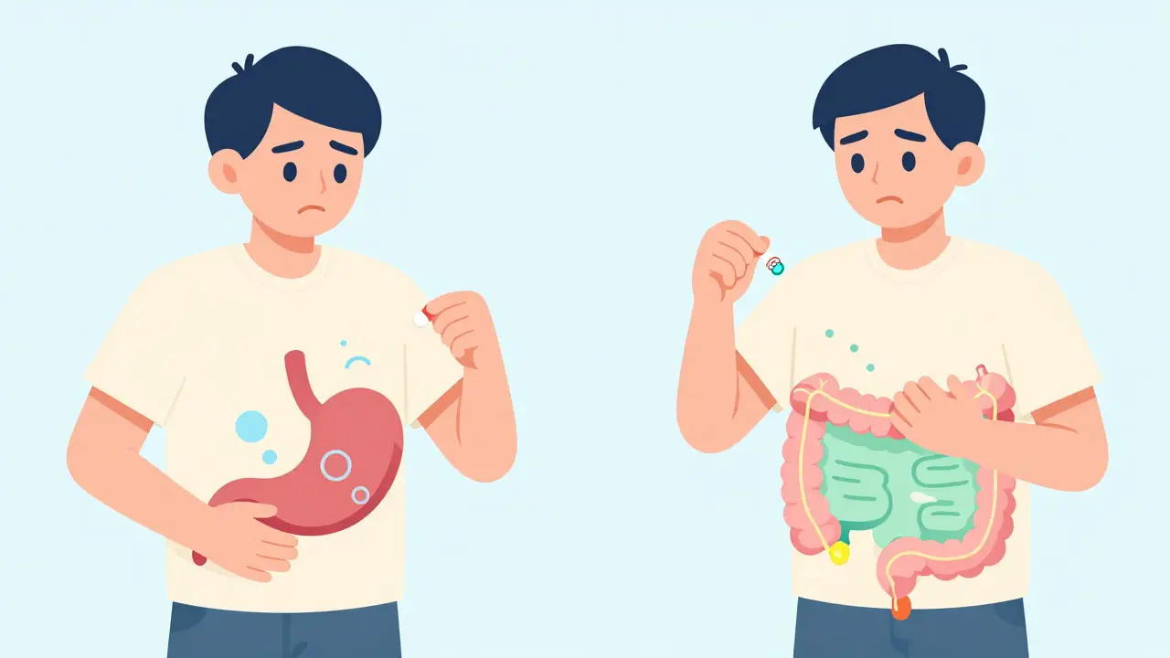 Side-by-side comparison of CellCept causing stomach irritation versus Myfortic releasing gently in the intestine.