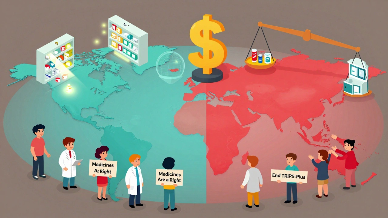 Split global map showing medicine access inequality, with activists demanding rights to life-saving drugs.