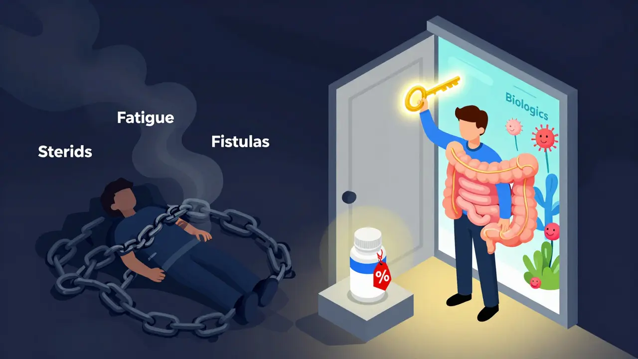 Split scene: person freed from chains of Crohn’s symptoms by biologic key