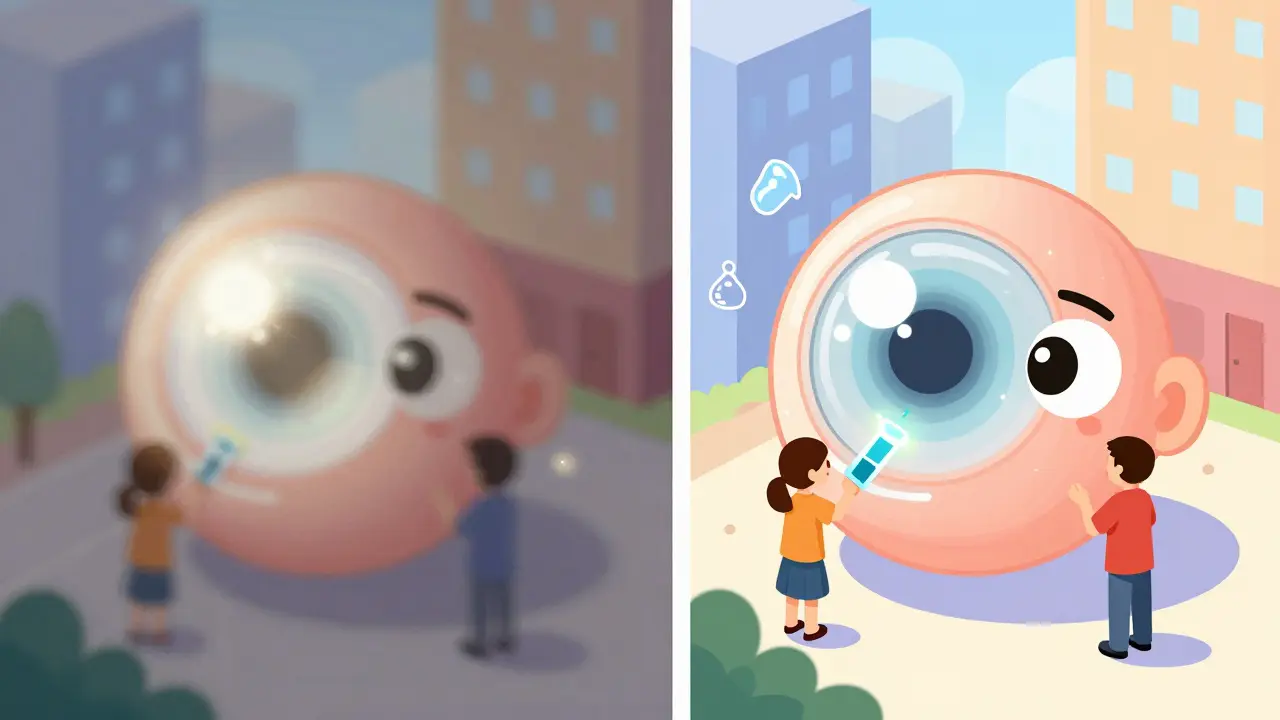 Split scene showing blurred vision vs. clear vision through scleral lenses in an everyday environment.
