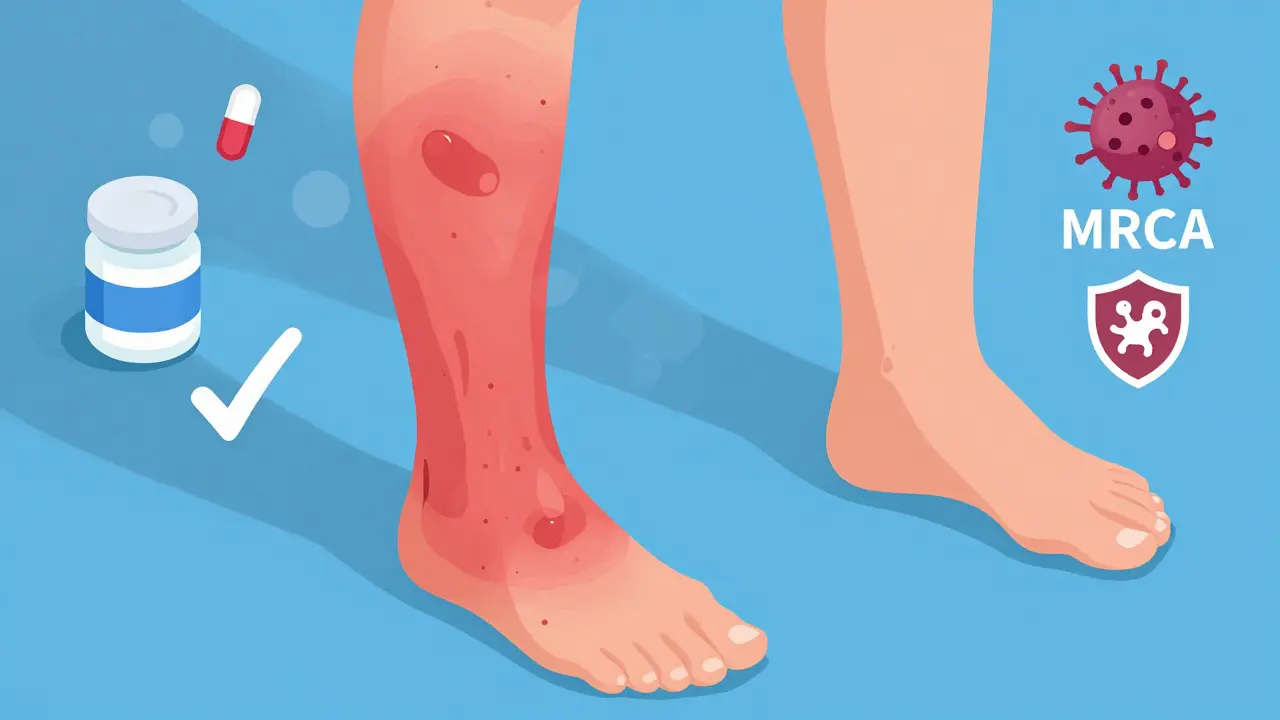 Swollen red leg with antibiotics and resistant bacteria icons, healthy leg beside it