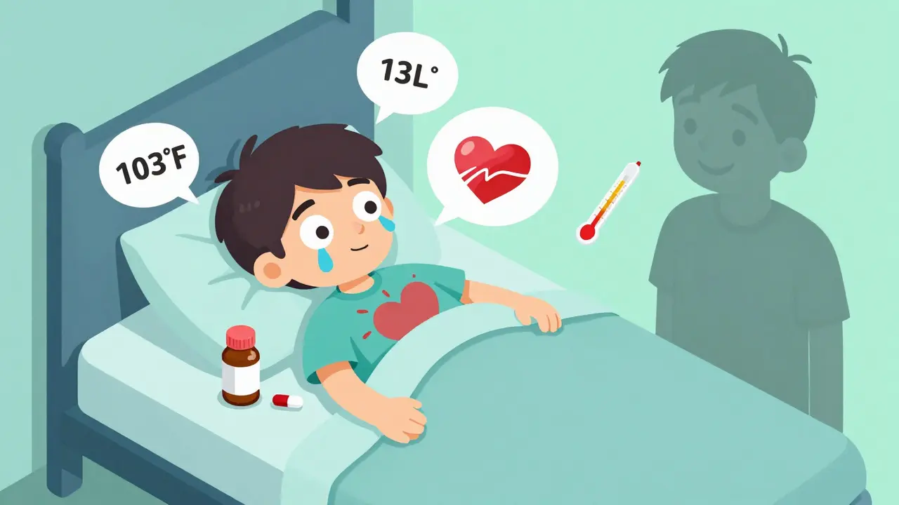Teen with physical symptoms of OTC drug misuse: dilated pupils, racing heart, and high fever.