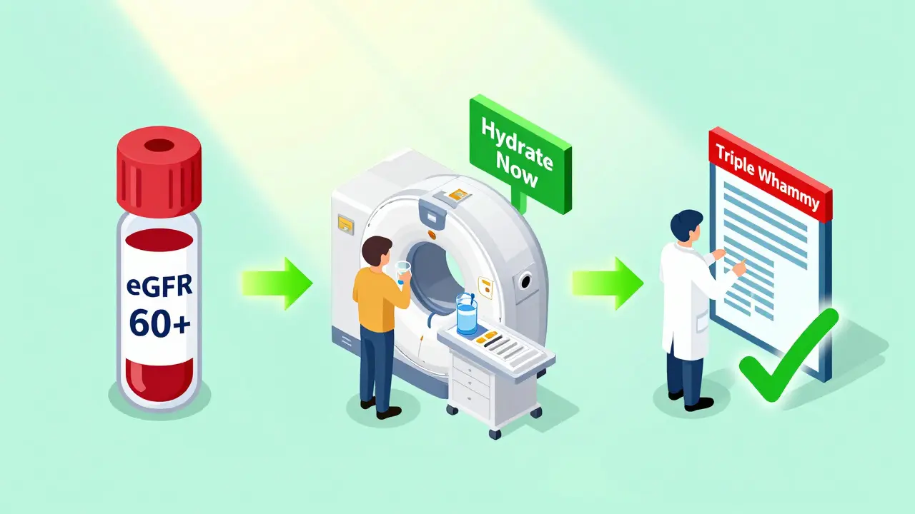 Three-step prevention path showing blood test, hydration, and safe prescribing with green success arrows.
