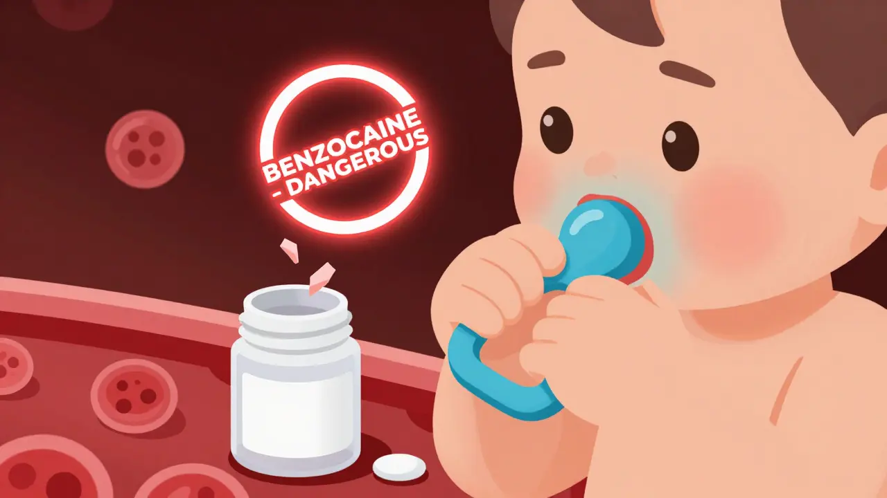 Toddler using a chilled teether as dangerous teething gel spills nearby.