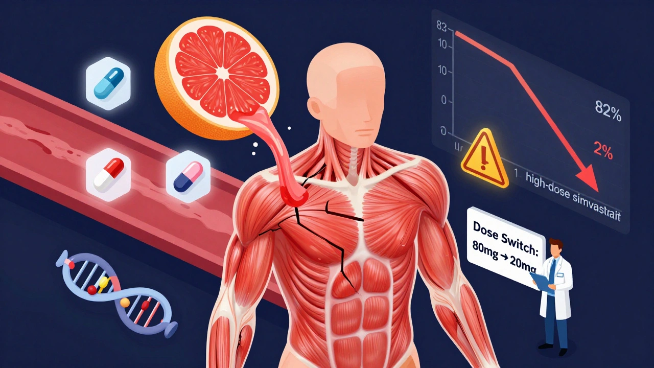 Transparent human torso with muscle damage from drug interactions and grapefruit juice, beside a doctor suggesting a lower dose.