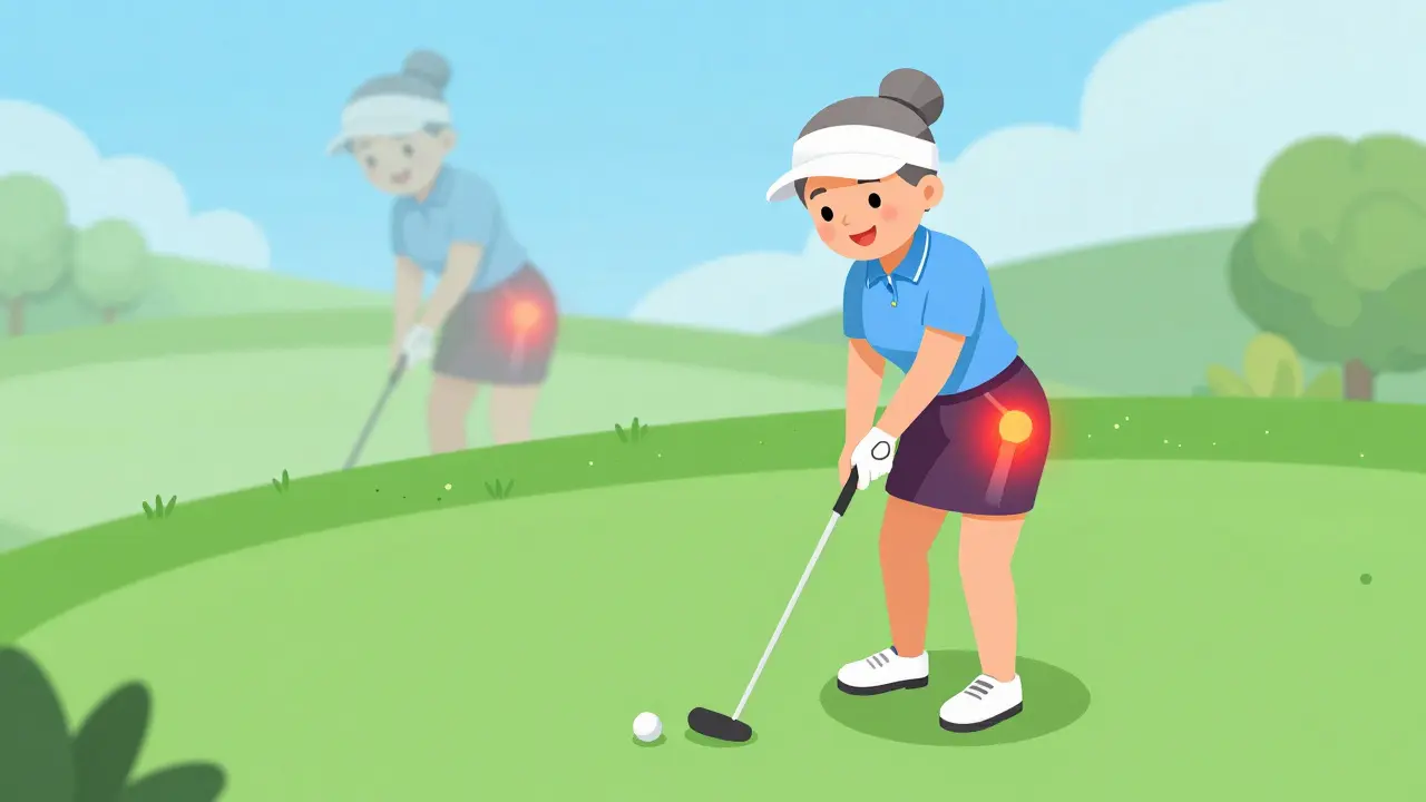 Woman playing golf with reduced hip inflammation shown in stylized overlay
