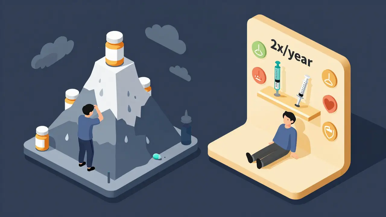 3D comparison of daily pills versus two yearly injections in a stylized isometric scene.