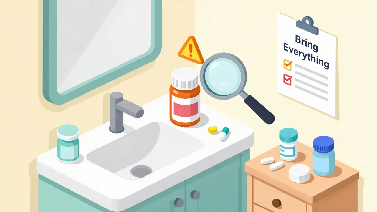 A cluttered counter with medicine bottles, empty containers, and expired pills arranged in isometric view.
