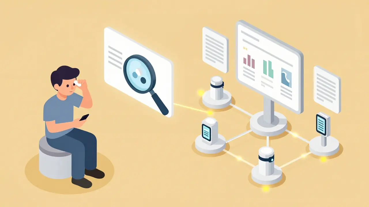 A patient’s social media post connects to a network of health data, revealing a hidden pattern detected by AI.