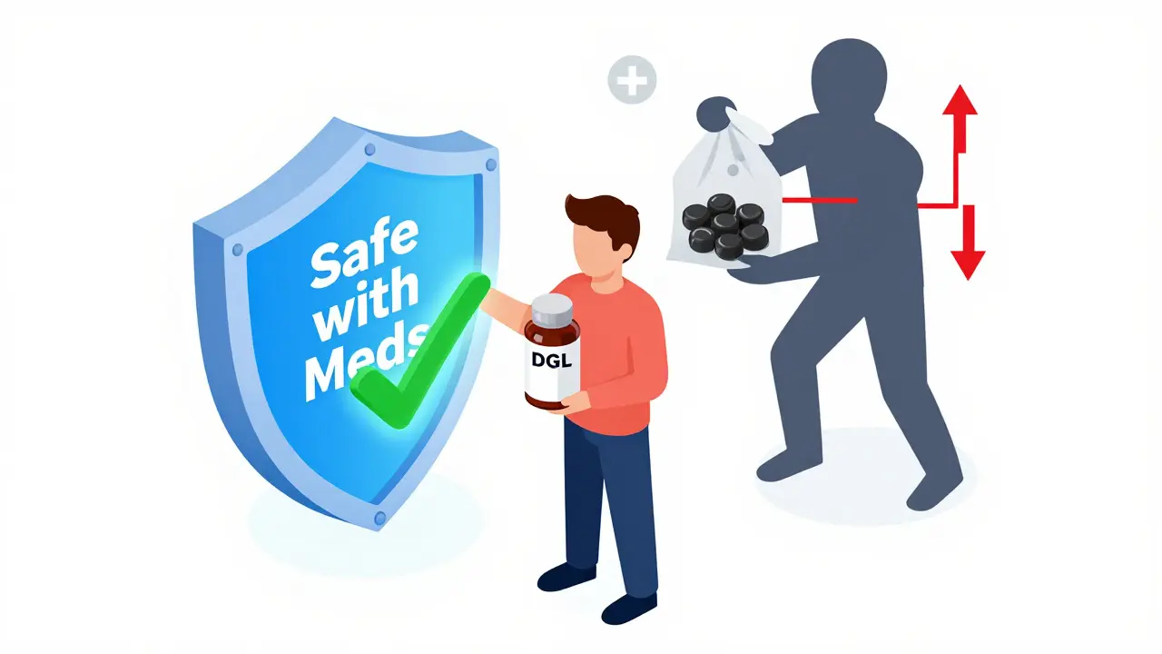 A person safely uses DGL licorice supplement with a protective shield, while dangerous licorice looms behind.