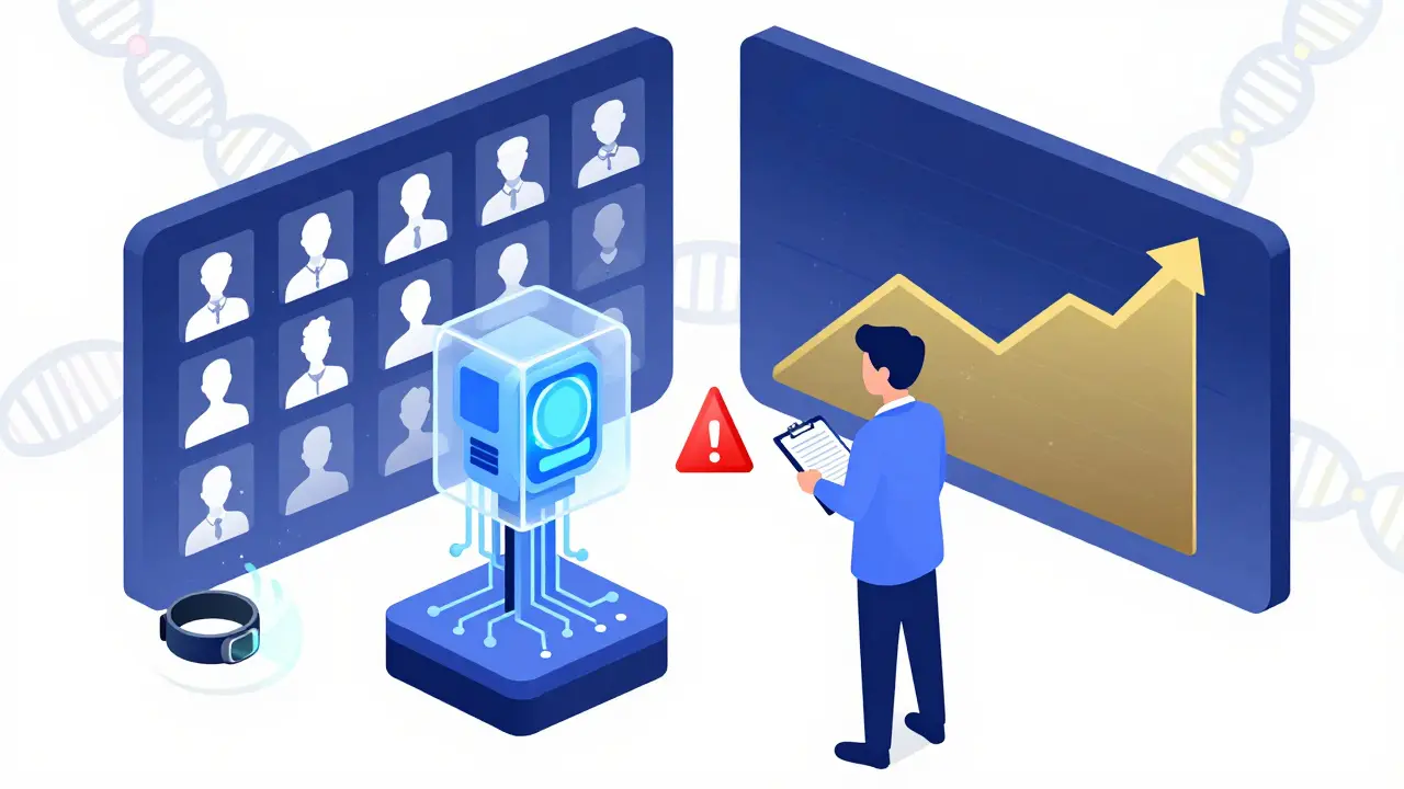 An AI system and human reviewer collaborate, with diverse patient data balancing a previously biased dataset.