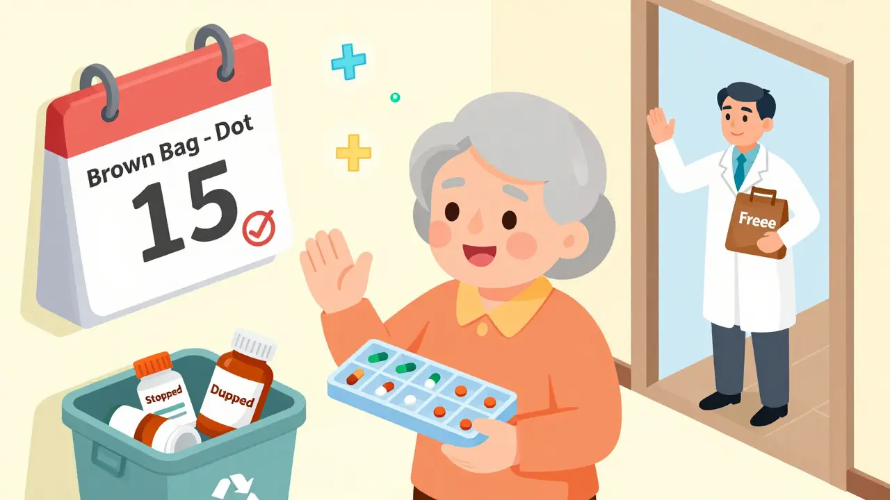 An elderly woman holding a reduced pill organizer, with discarded meds in a bin and a calendar marking Brown Bag Day.