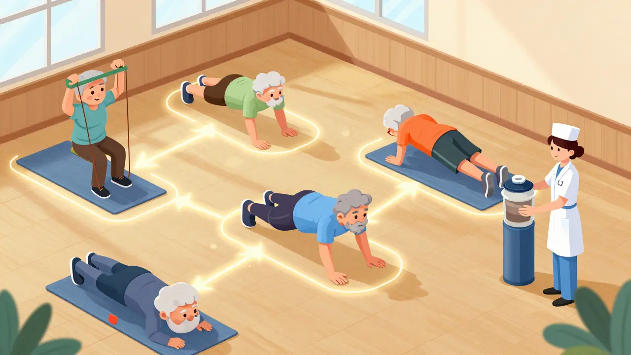 Diverse seniors training in a community center with resistance bands and protein shakes, connected by glowing pathways.