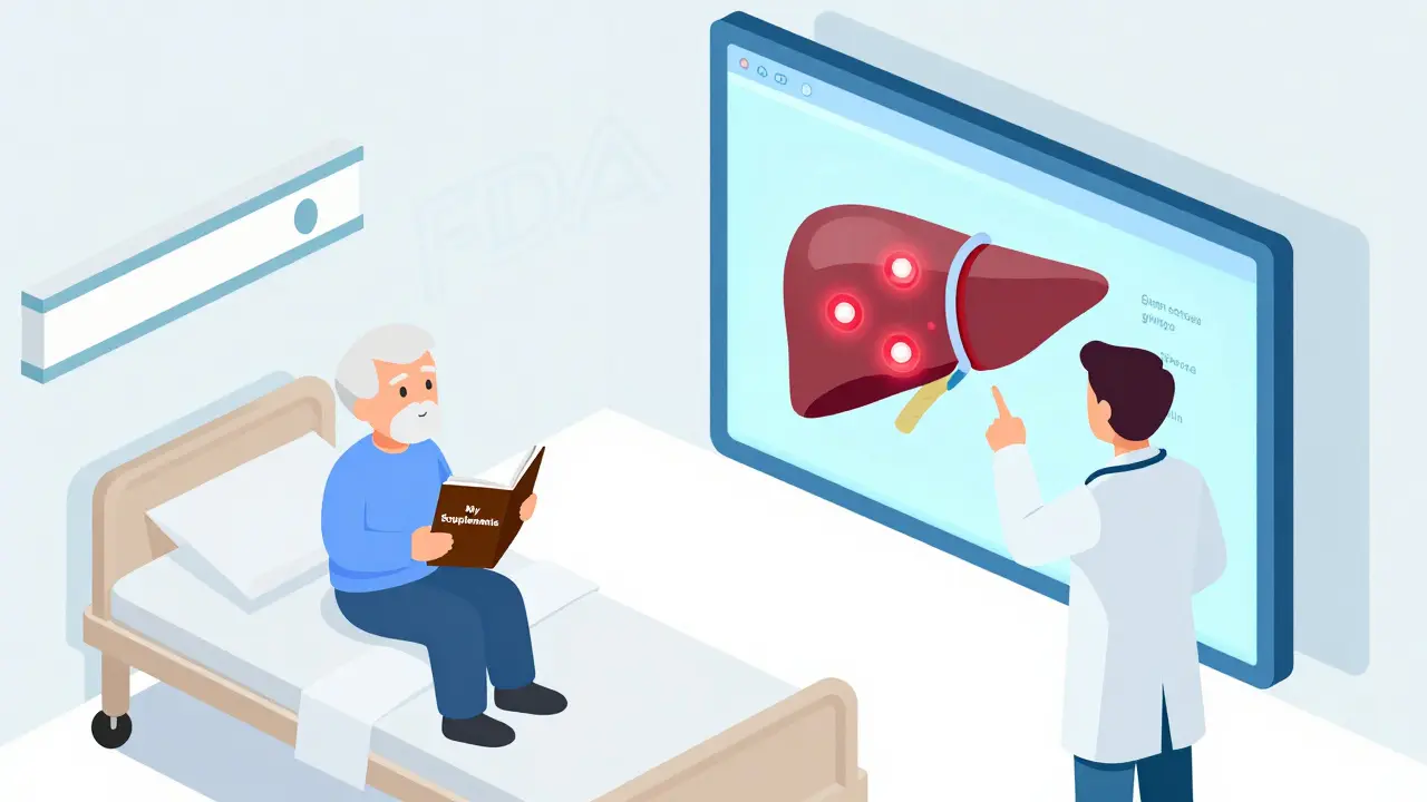 Doctor and patient reviewing a 3D liver interaction model of supplements and medications in a hospital room.
