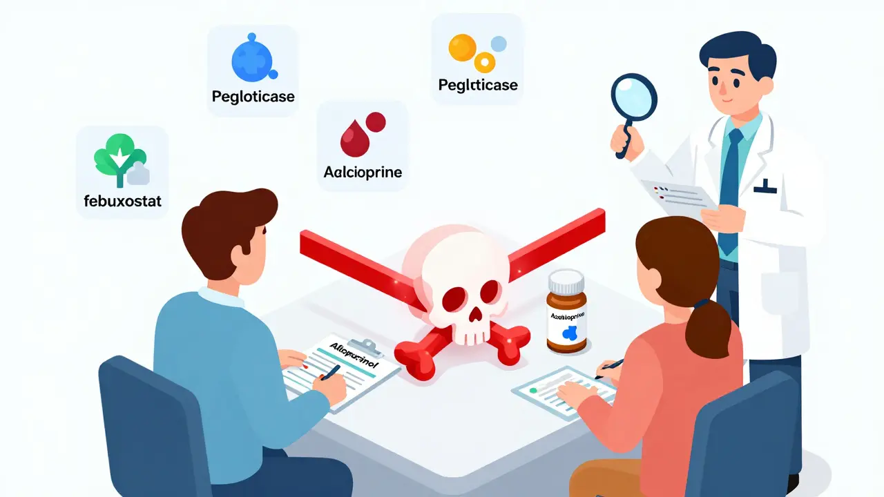 Doctor and patient separated by a warning barrier, with safe gout medication alternatives visible in a clinic setting.