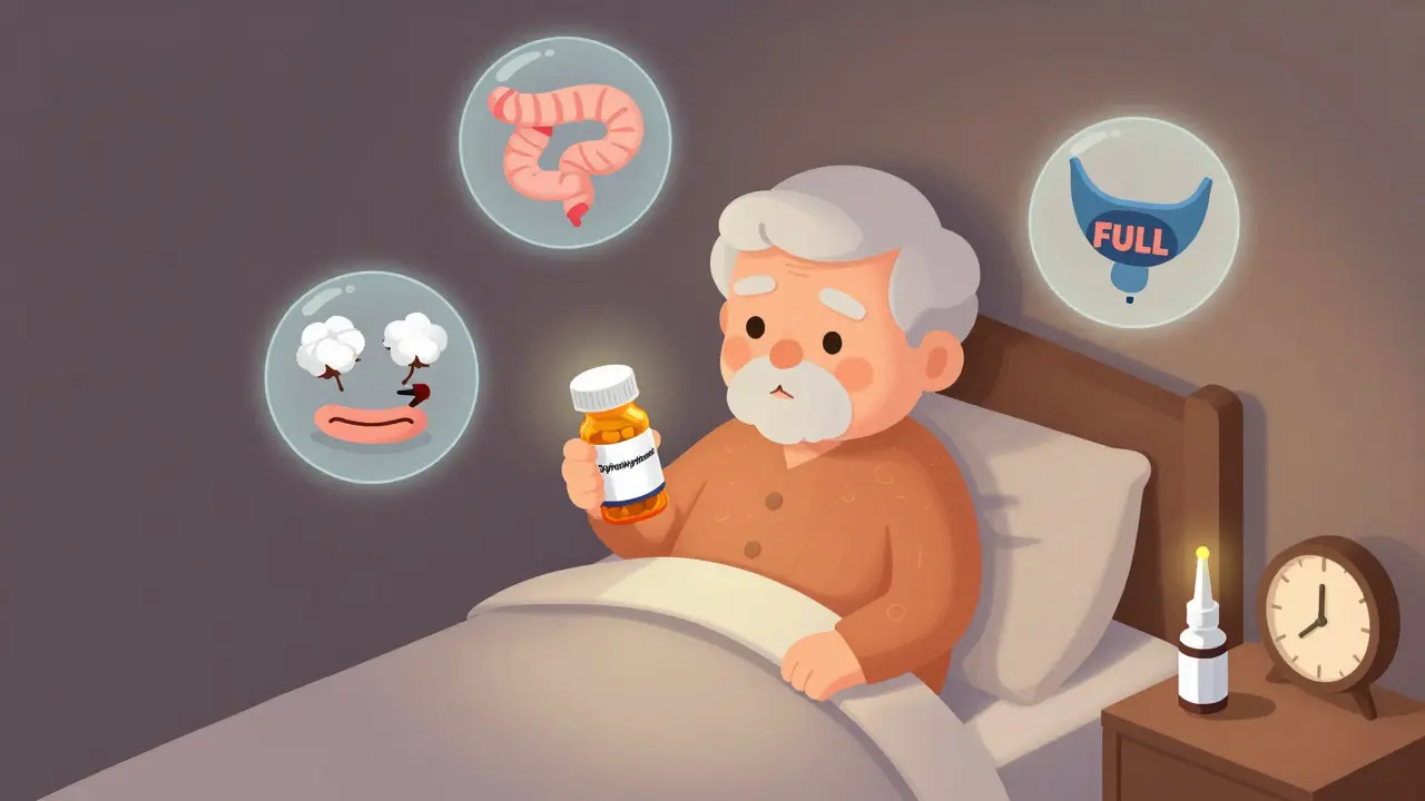 Elderly person at night with side effect icons hovering, pointing to safer alternatives on the nightstand.