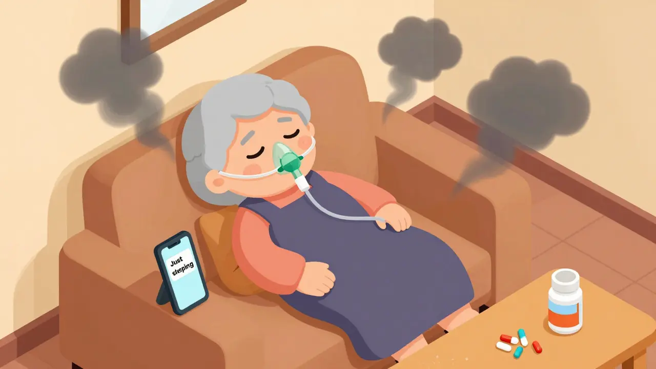 Elderly woman sleeping at home with oxygen tubing, surrounded by invisible toxic CO2 and medication bottles.