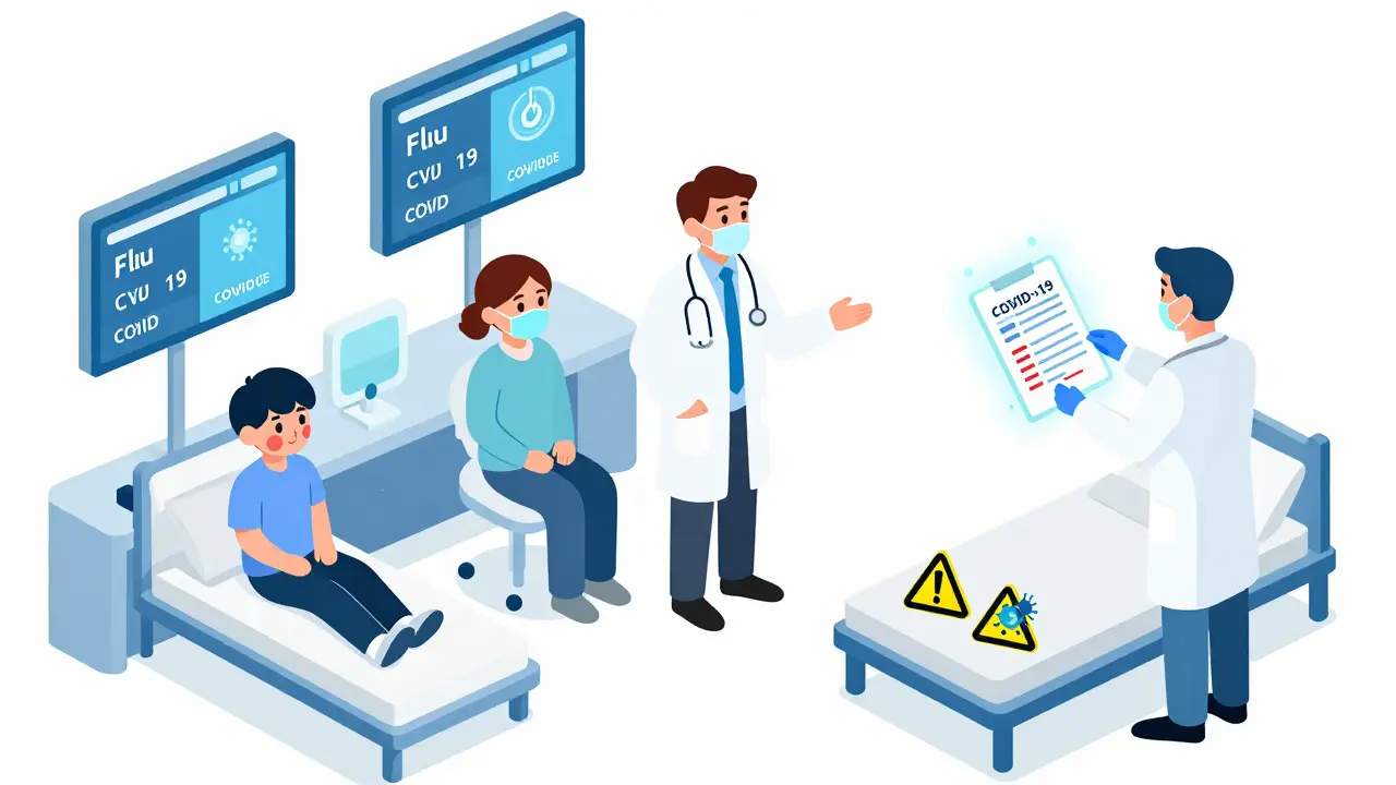 Emergency room scene with three patients and a doctor holding a multiplex PCR report under digital health stats.