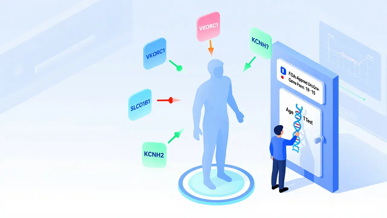 Futuristic genetic dashboard with floating gene icons and glowing signals, person entering lifetime medication guide door.