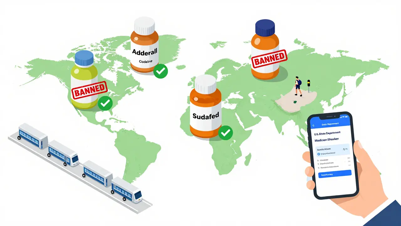 Global map showing banned medications in certain countries with traveler using check tool