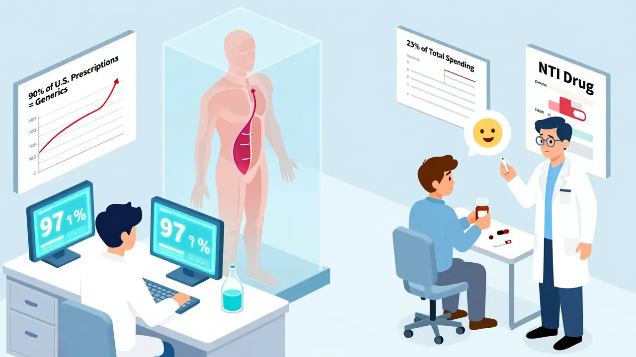 Lab scene with scientists monitoring bioequivalence data, transparent human torso showing drug absorption, and patient holding pill bottle.