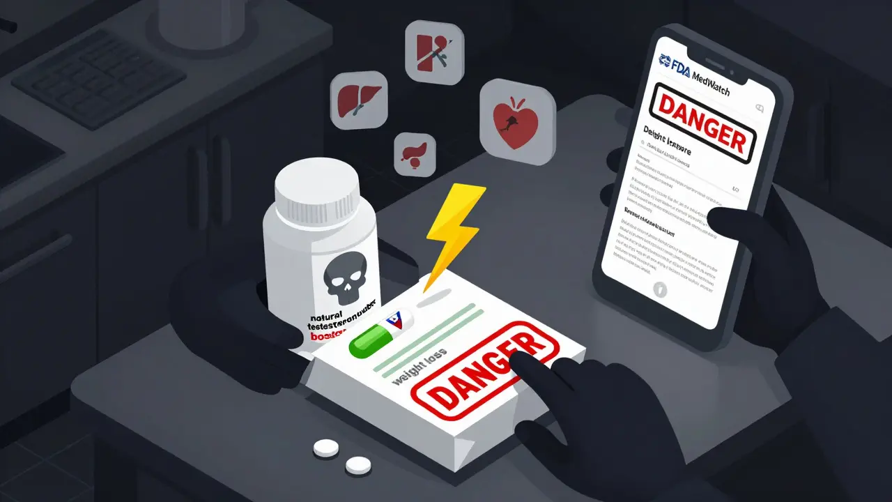 Open package revealing hidden dangerous ingredients in fake natural supplements on a kitchen table.